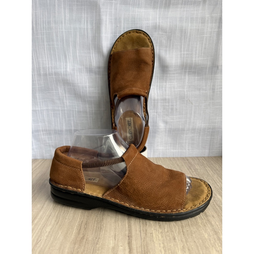 Cherokee Slingback Sandals Leather Open Toe Pebbled Flat Brown Boho Casual 10